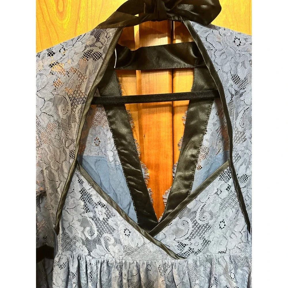 Free People Blue Lace Mini Dress Black Satin Trim‎ Open Back Ruffle Sleeve XS